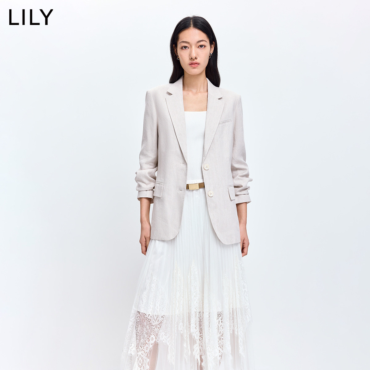 LILY2026春新款女装亚麻混纺简约单排扣廓形气质通勤米色西装外套