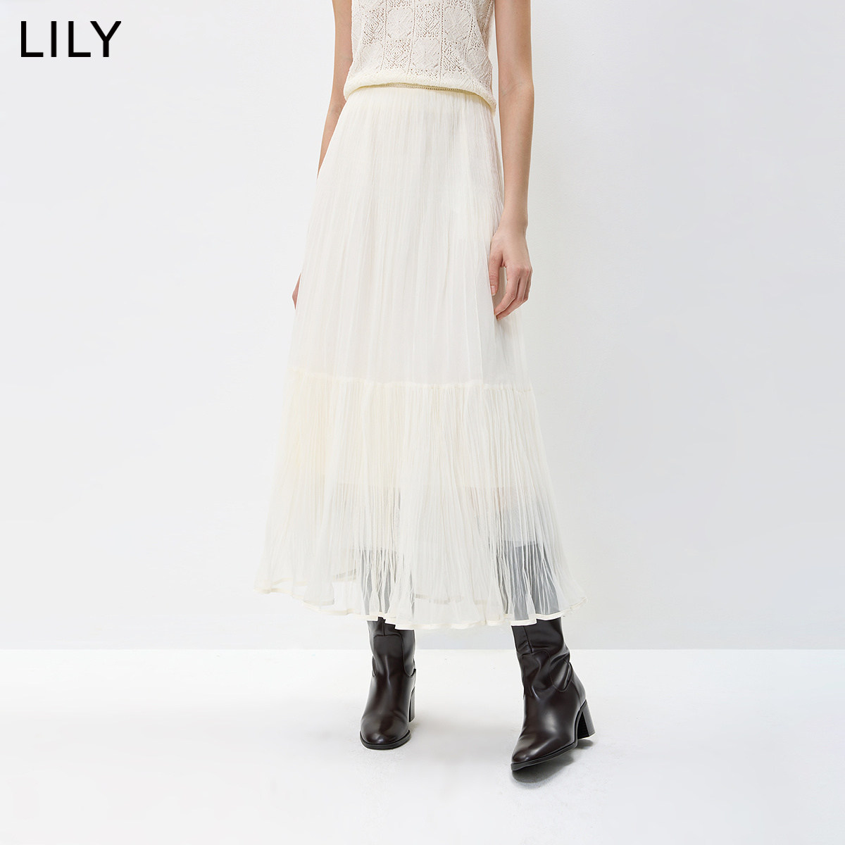 LILY2026秋新款法式压褶宽松休闲百搭通勤米色纱裙半身裙女长裙