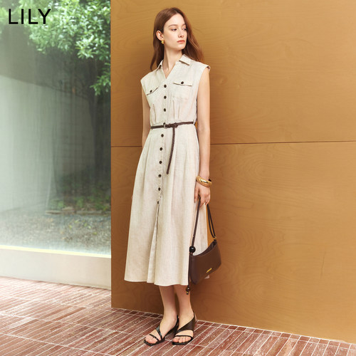 LILY夏新通勤收腰无袖工装连衣裙