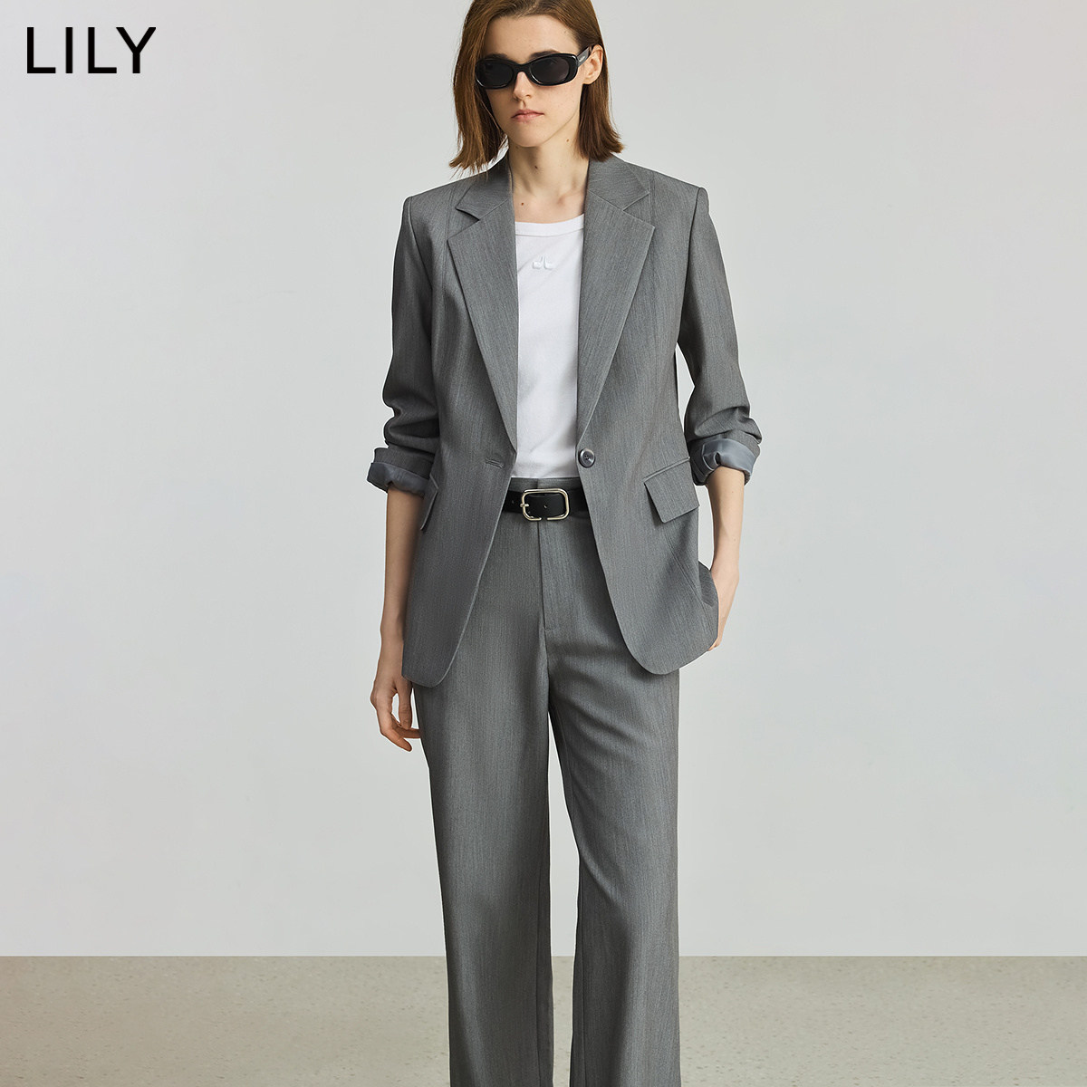 LILY2026秋新款格雷系通勤气质休闲通勤收腰一粒扣灰色西装外套女