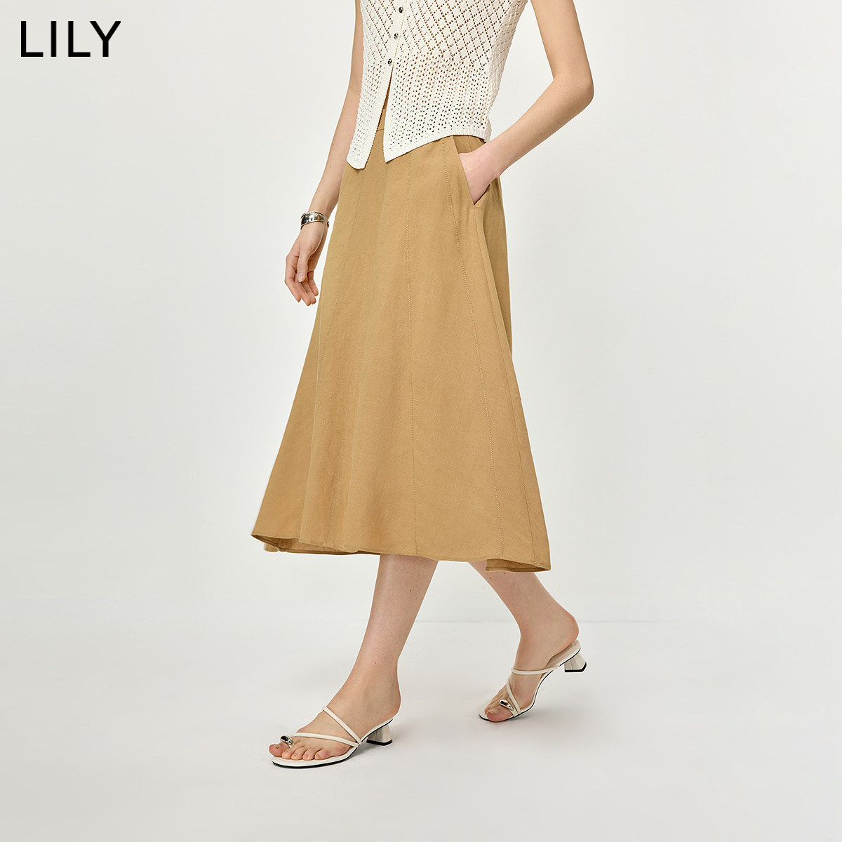 LILY2026夏新款女装莱赛尔亚麻混纺复古宽松休闲通勤A字裙半身裙