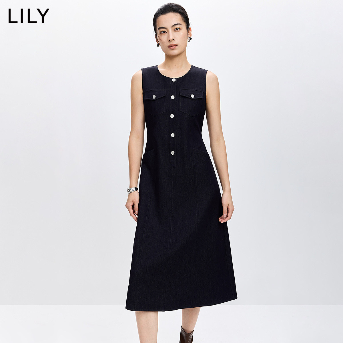 LILY2026春新款女装复古小香风无袖圆领收腰气质通勤仿牛仔连衣裙