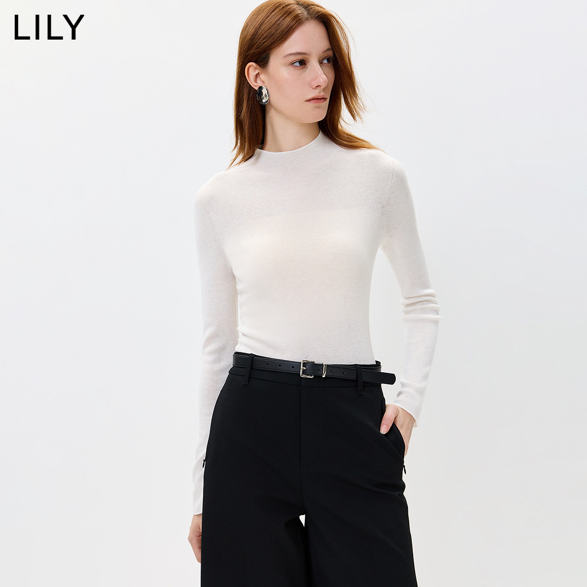 LILY2026秋新款女装羊毛混纺小高领修身通勤长袖针织衫套头打底衫