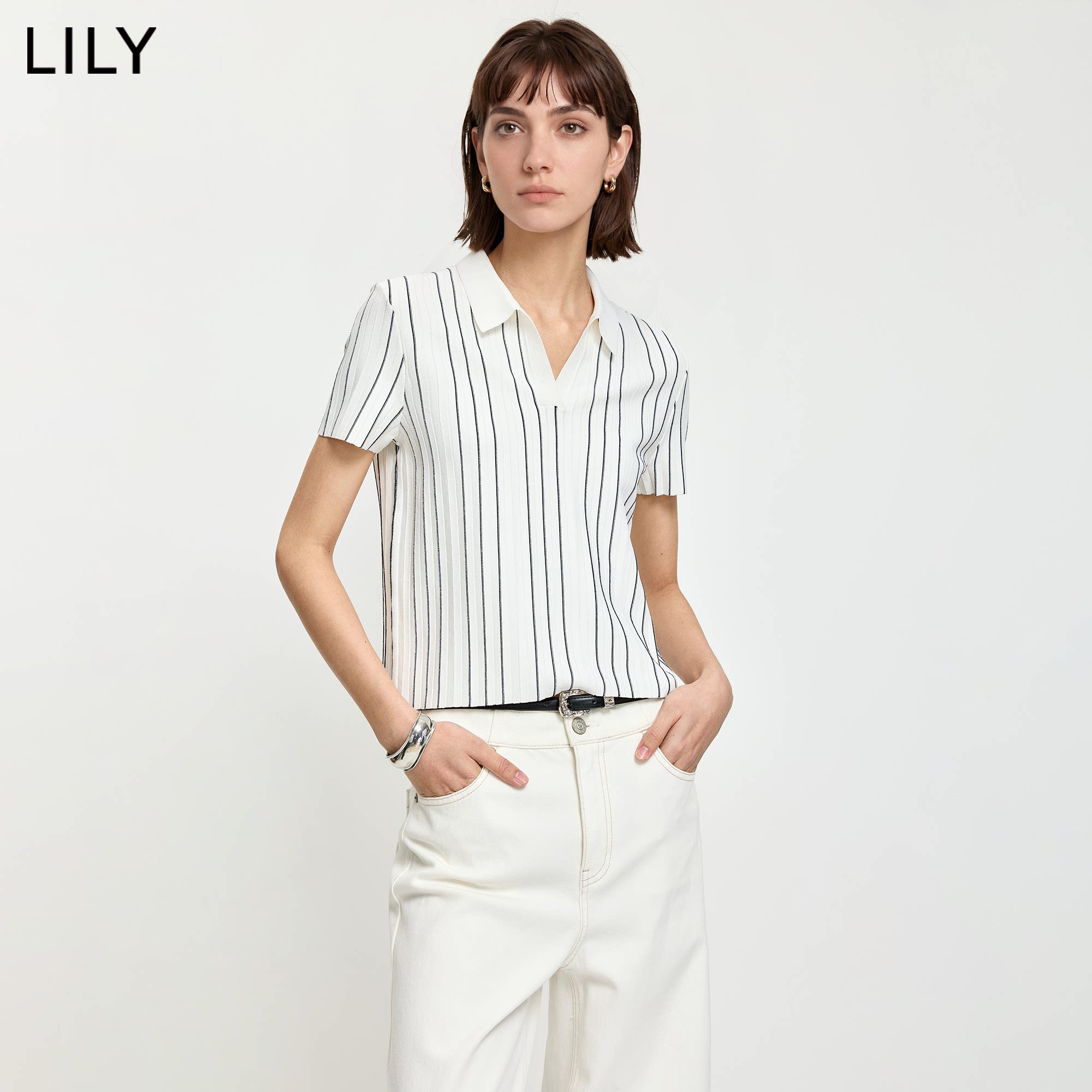 LILY2026夏新款女装复古撞色条纹翻领休闲气质通勤白色短袖针织衫