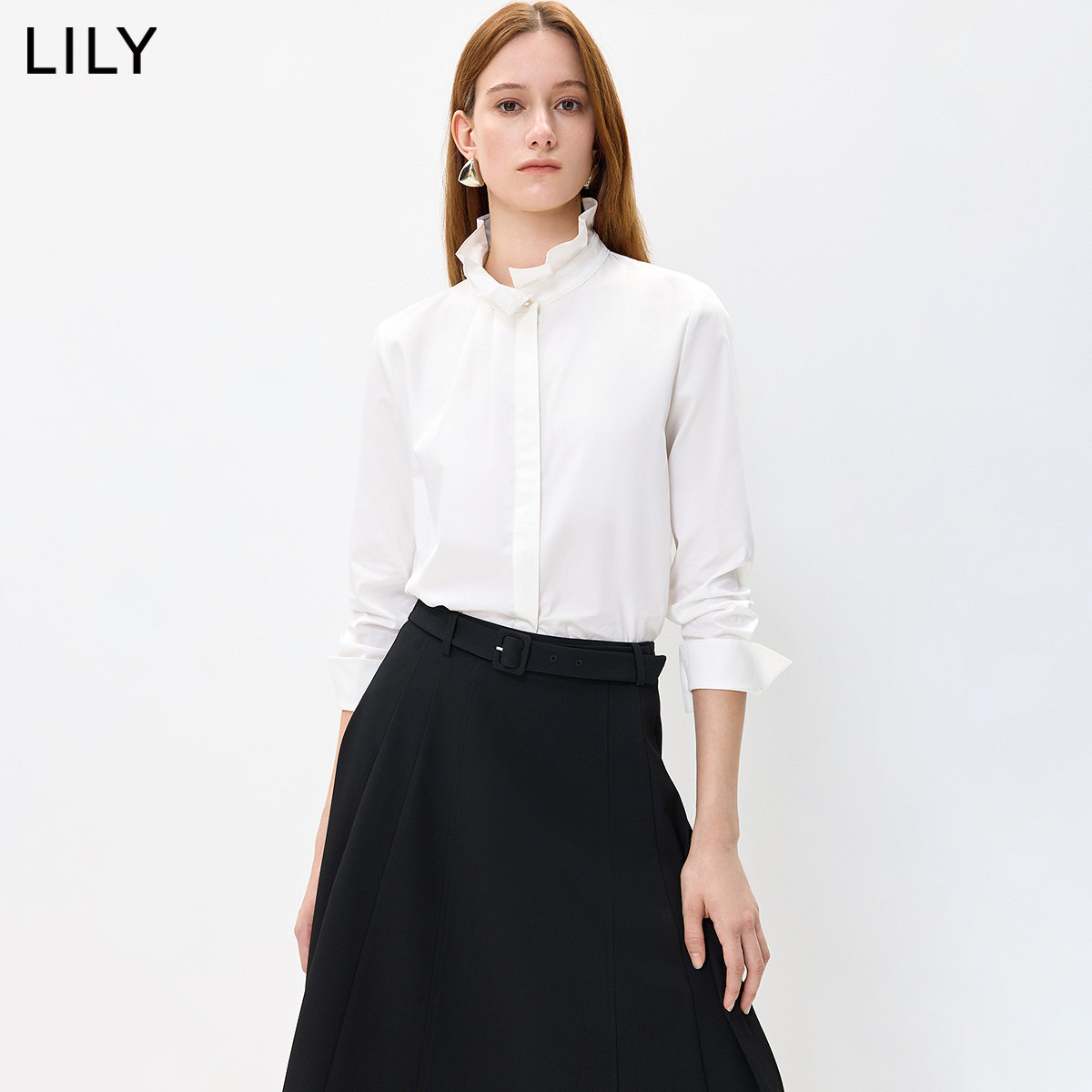 LILY2026秋新款女装法式荷叶边立领休闲通勤百搭白色长袖衬衫外套