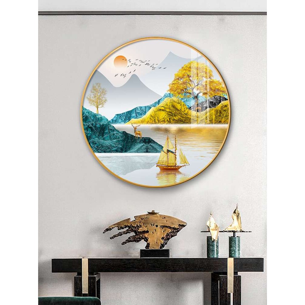 入户圆形玄关装饰画进门正对门餐厅背景挂画现代轻奢高档壁画麋鹿