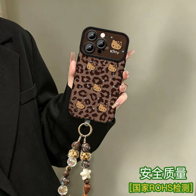 大视窗贴皮豹纹星猫咪适用苹果18promax手机壳iPhone17pro小羊皮16plus15带手绳14全包防摔ins风13少女保护周