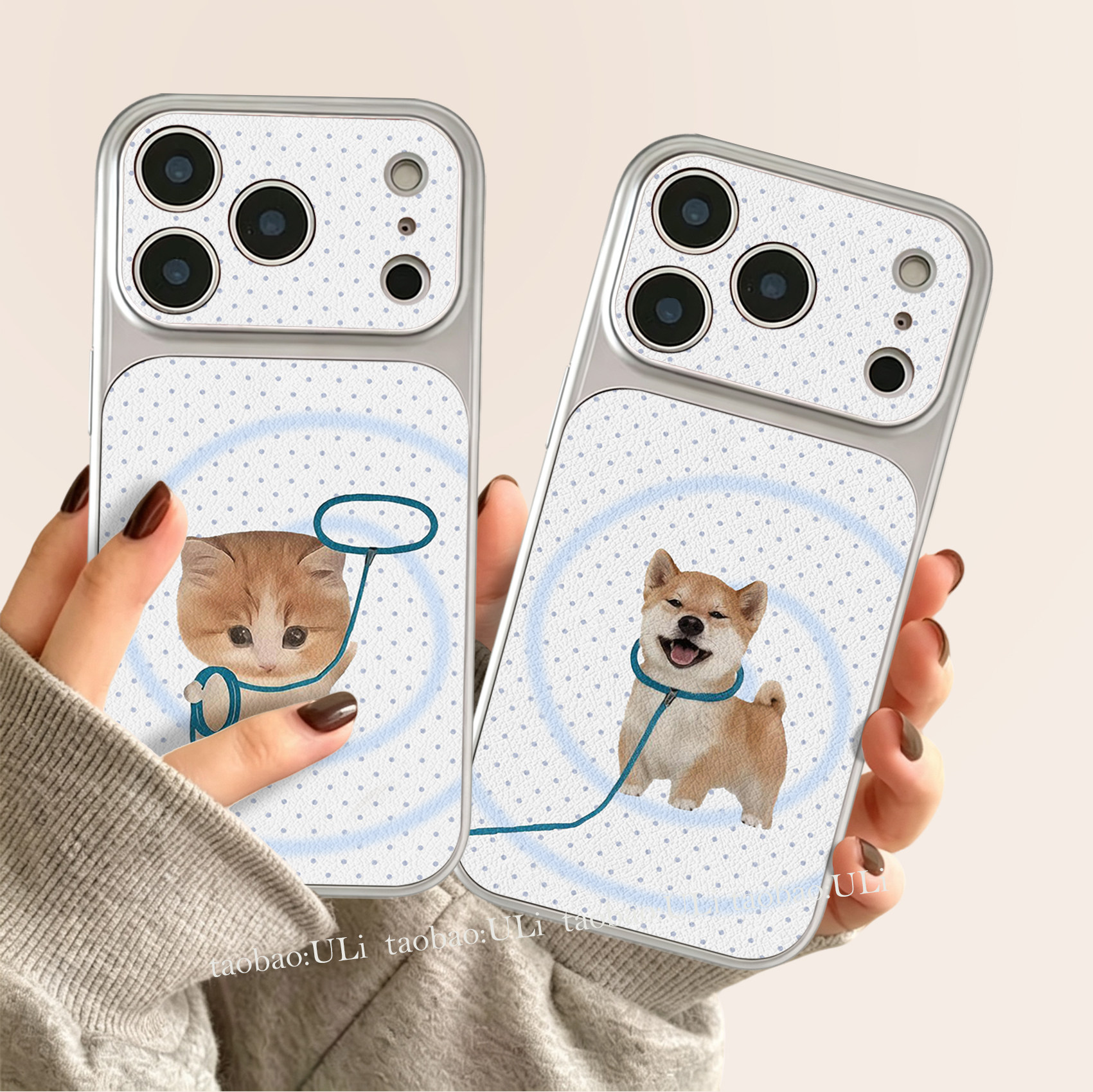 牵住你的心猫狗情侣款适用苹果18promax手机壳套圈iPhone17pro新款16plus皮纹15pro简约14全包13男女12防摔兴