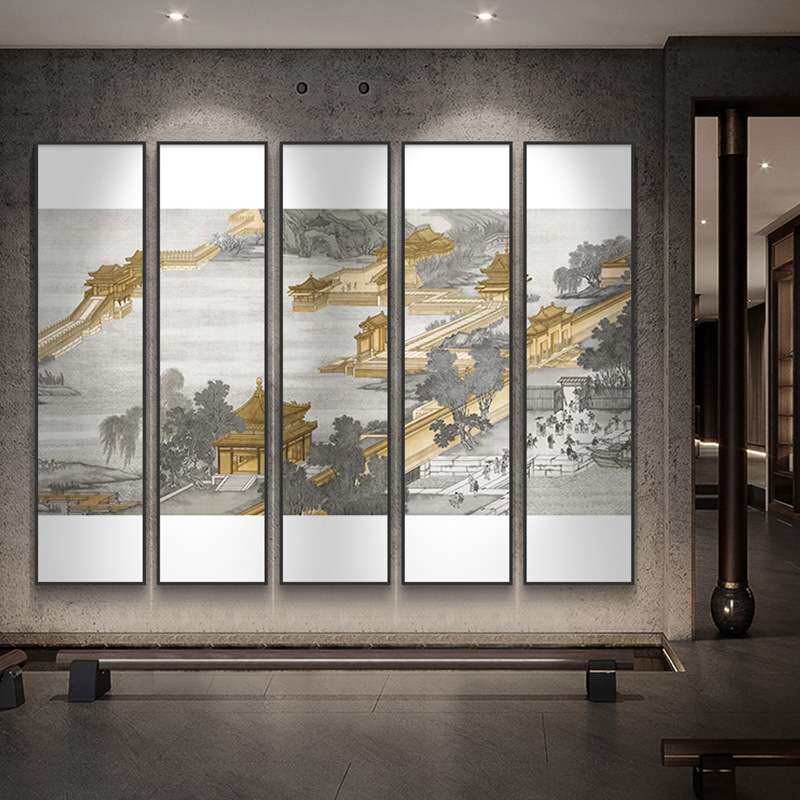新中式竖版装饰画大堂多联清明上河图客厅软装样板房酒店茶室挂画
