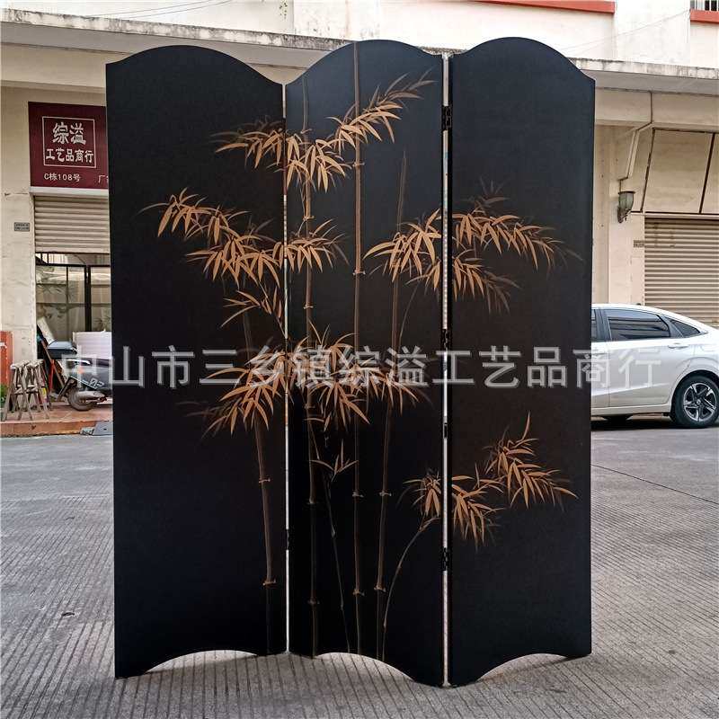 黑色竹子屏风手绘新中式客厅办公室茶室背景隔断简约移动折叠屏风
