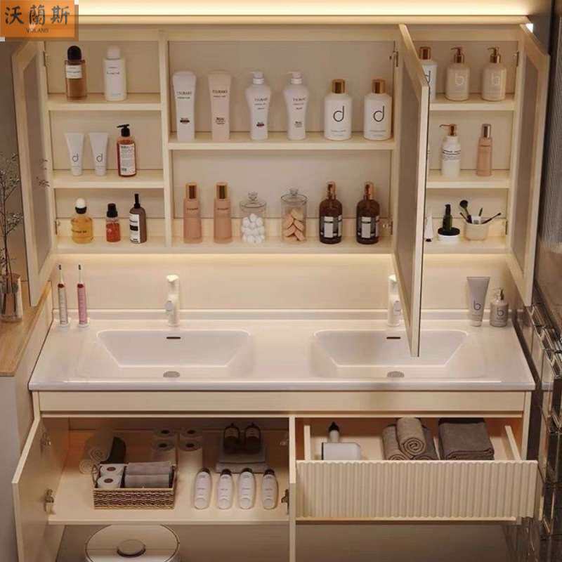 陶瓷奶油一体双盆实木橡胶木浴室柜智能组合卫生间浴室柜洗漱洗脸
