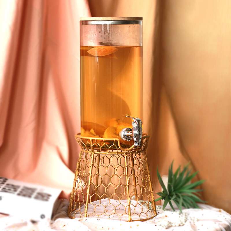4升耐热玻璃带龙头果汁罐高硼硅冷水壶甜品台茶歇酒店自助饮料罐