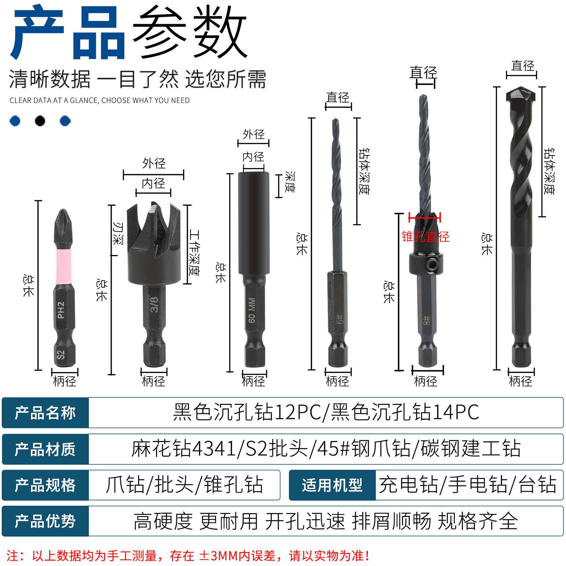 跨境木工工具组套沉孔钻沉头钻木塞钻麻花钻套装木工钻头 工具组
