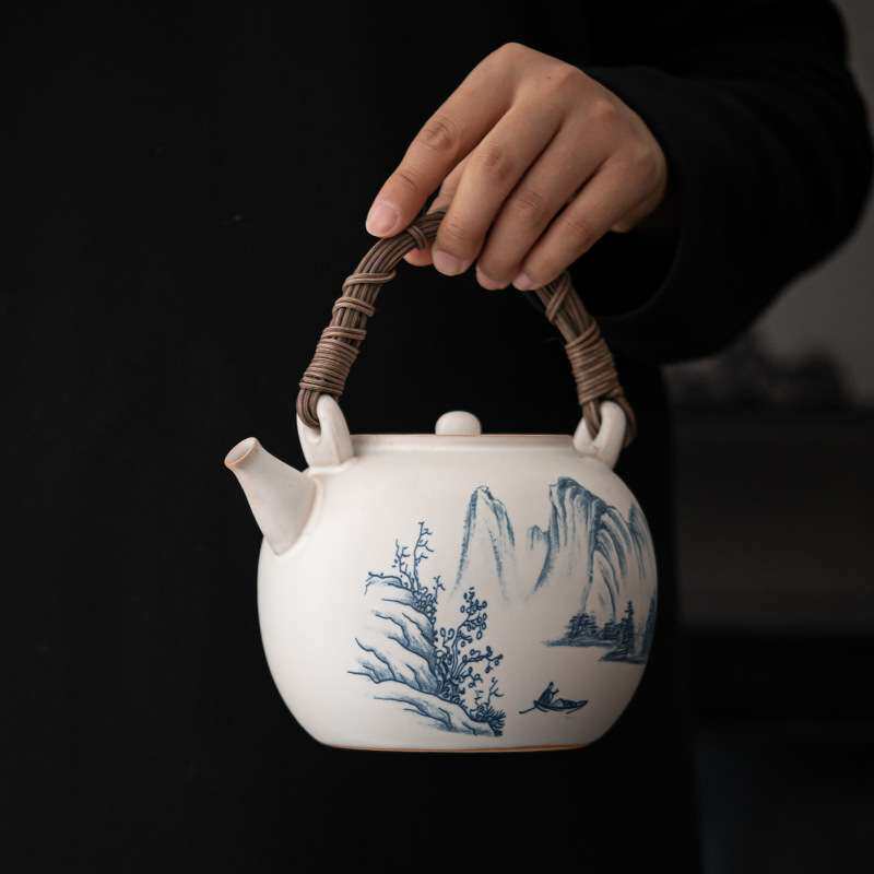 苏打釉手绘提梁侧把陶壶煮茶壶电陶炉烧水壶泡茶炉粗陶煮茶器套装
