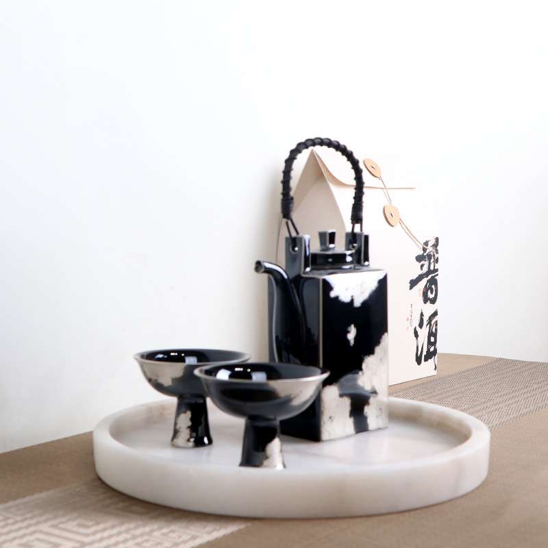 中古新中式大理石水果盘摆件茶具茶盘组合装饰样板间书房托盘套装