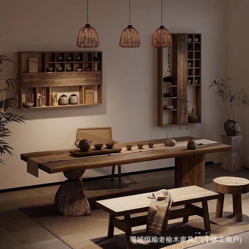 中式老榆木博古架壁挂式家居多宝阁收纳架茶具茶杯架高山流水木架