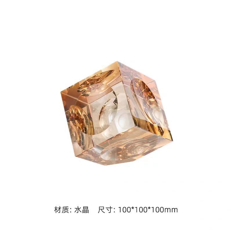 现代简约透明烟灰色正方形水晶纸镇摆件样板房售楼处软装饰品摆设