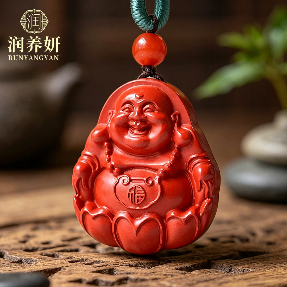 朱砂弥勒佛莲花福字吊坠