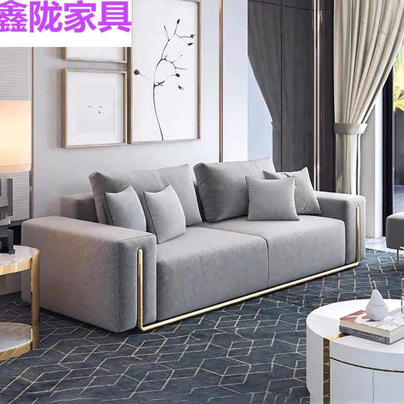 简约小户型金属不锈钢脚布艺沙发别墅客厅高级灰色丝绒豆腐块沙发