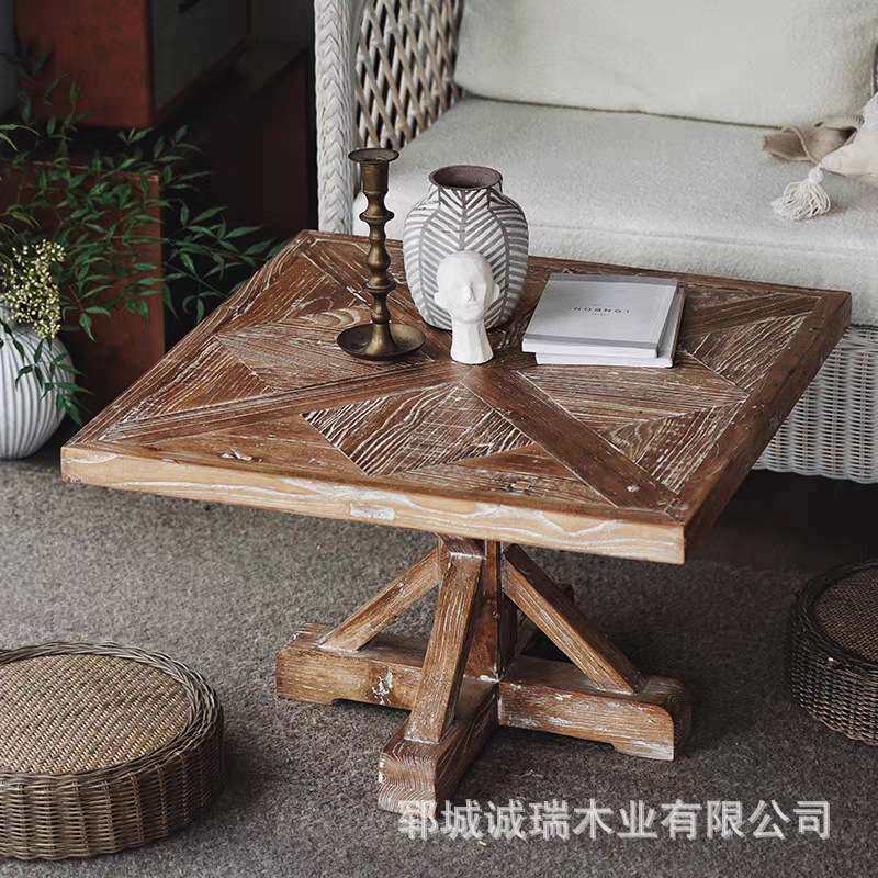 老榆木拼花茶桌家用阳台风化茶几方桌沙发边角几实木茶台小书桌子