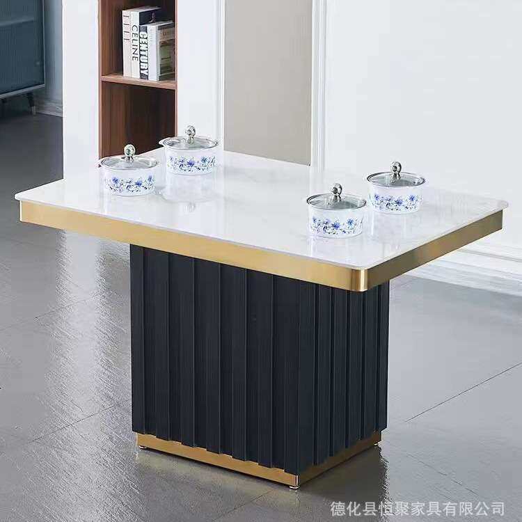 餐桌椅组合隐形电磁炉商用火锅桌餐厅大理石桌长方形桌子