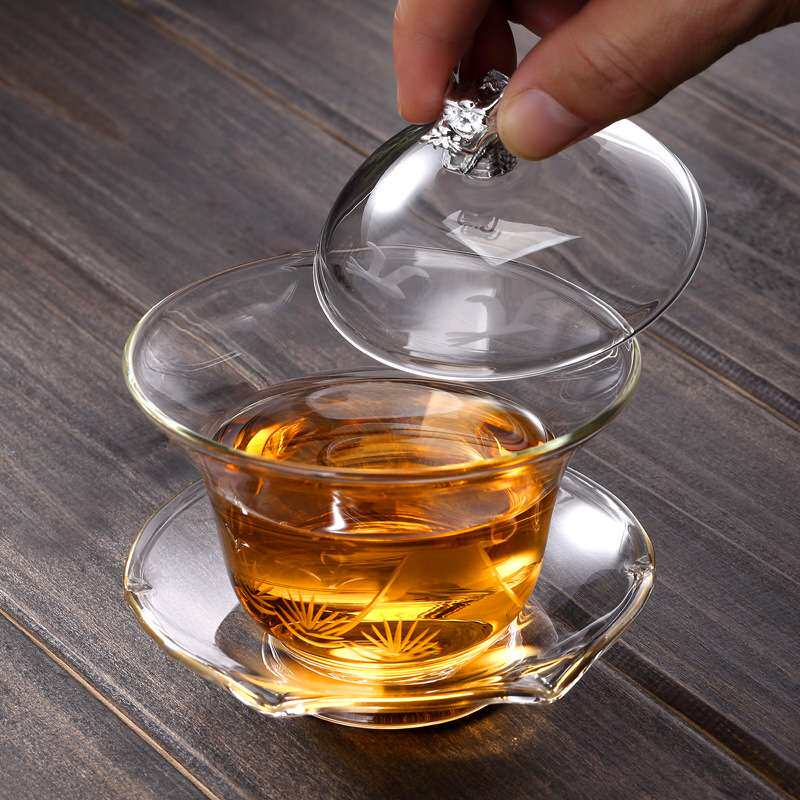 玻璃盖碗茶杯大号龙头泡茶杯三才茶碗手工刻竹手抓壶茶具套装