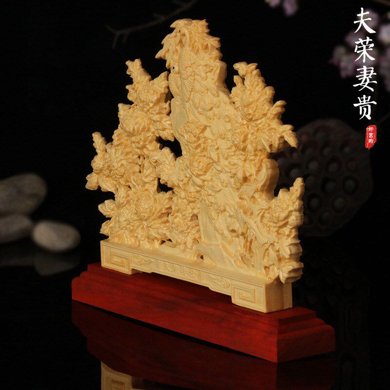 黄杨木雕夫荣妻贵精雕细琢摆件 家居客厅收藏送礼摆设木质工艺品
