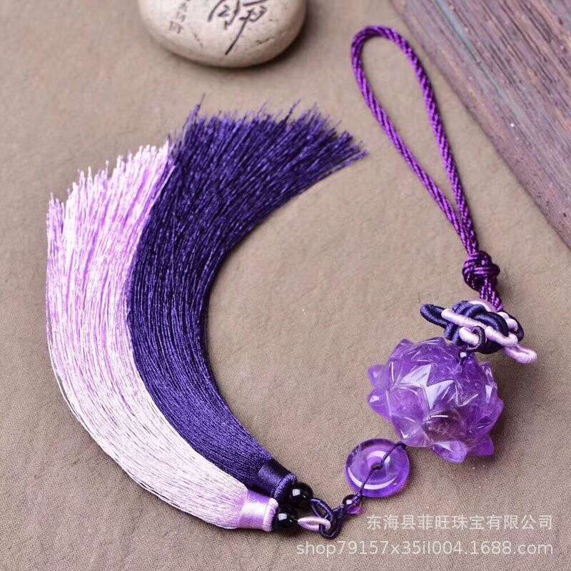 天然紫晶雕刻莲花搭配手工编织流苏中国结车挂紫水晶平安扣车挂