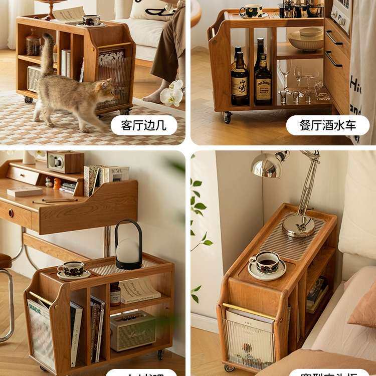 现代樱桃木巴扬推车复古实木移动茶几客厅家具沙发边几边柜小置物