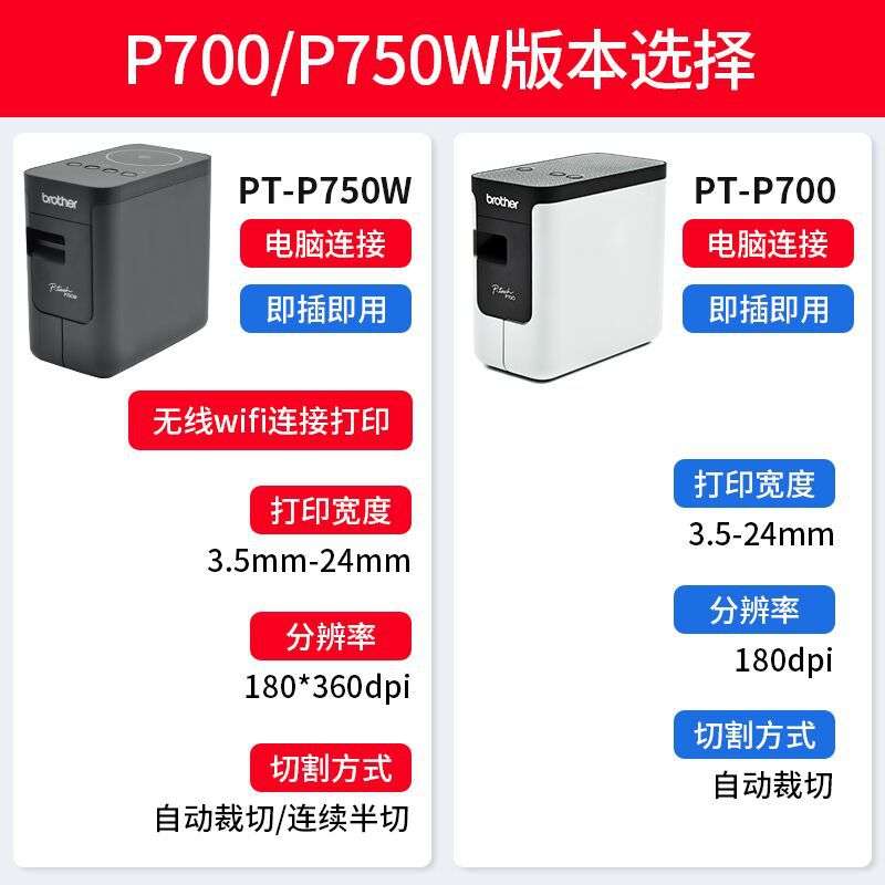 兄弟标签机PT-P700/P750W酒店工号牌铭牌线缆固定资产标签打印机