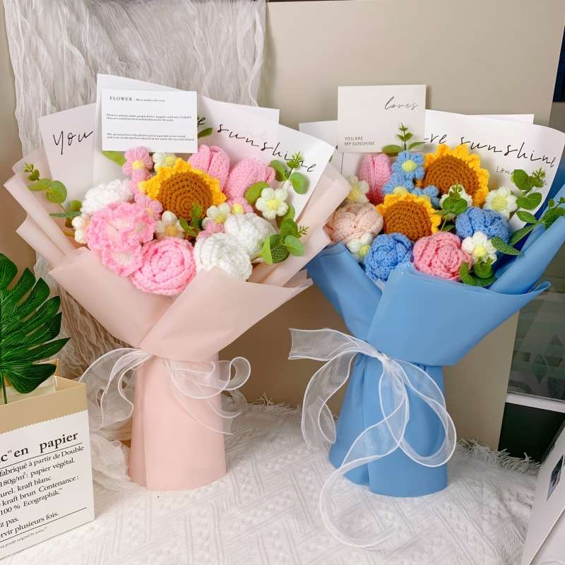跨境手工针织毛线大花束成品向日葵玫瑰仿真花适合情人节母亲节