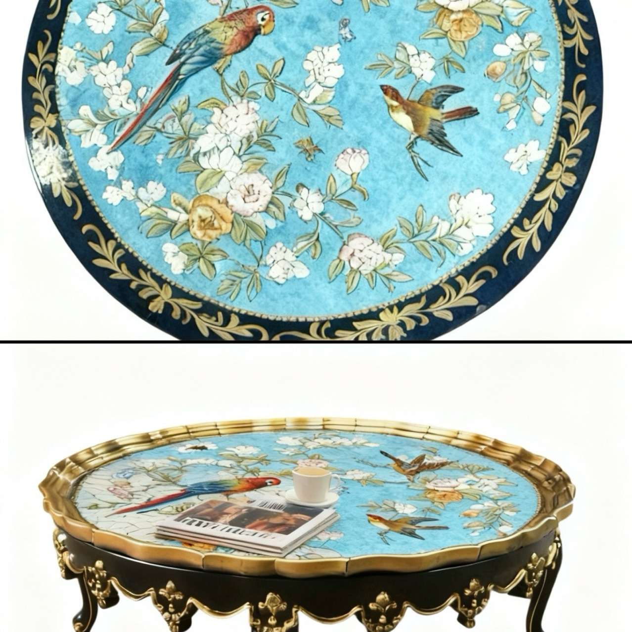 手绘经典花鸟法式美式茶几实木雕花客厅复古圆茶桌新古典描银茶台