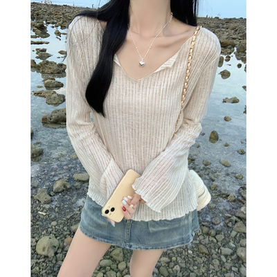 实拍实价休闲风长袖防晒罩衫夏季薄款条纹宽松百搭上衣