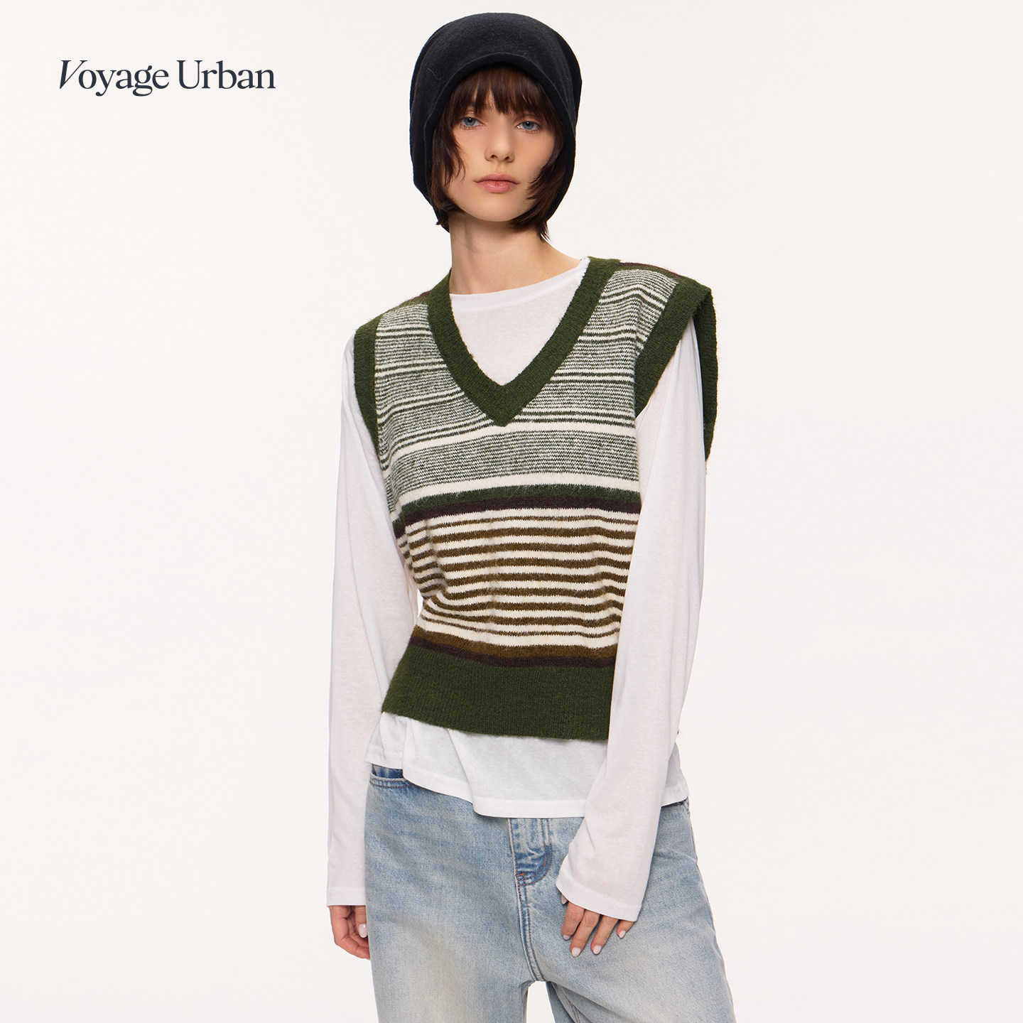 VoyageUrban屿行 撞色条纹V领复古马甲针织衫毛衣女