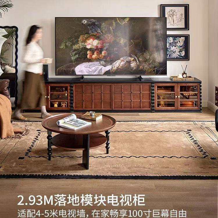 全实木棋盘格柜法式复古电视柜家用储物柜多功能落地柜子置物柜