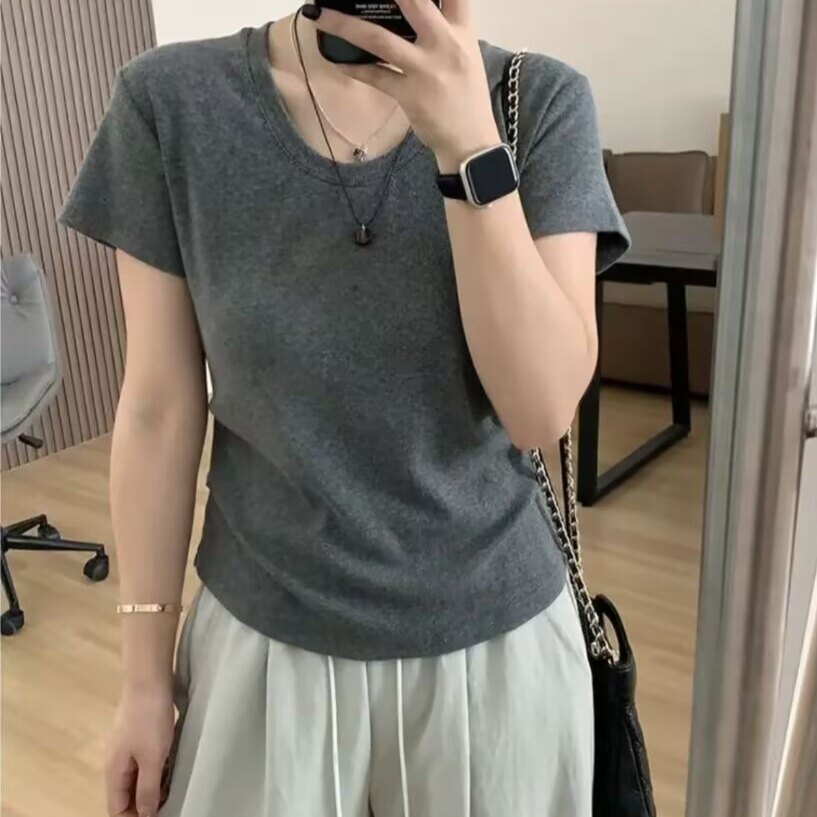 休闲U领短袖掐腰遮肚显瘦t恤女