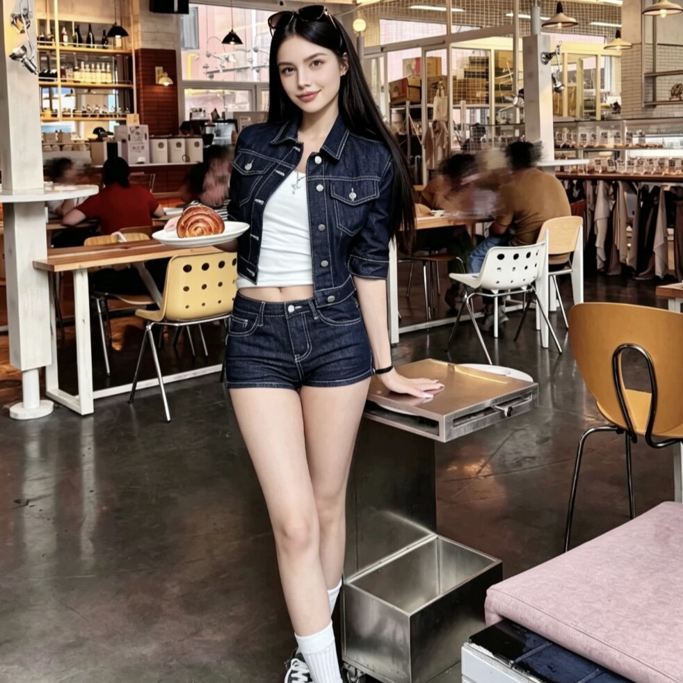 何晨曦套装气质外套牛仔短裤女宽松修身高腰短款夹克设计感时尚