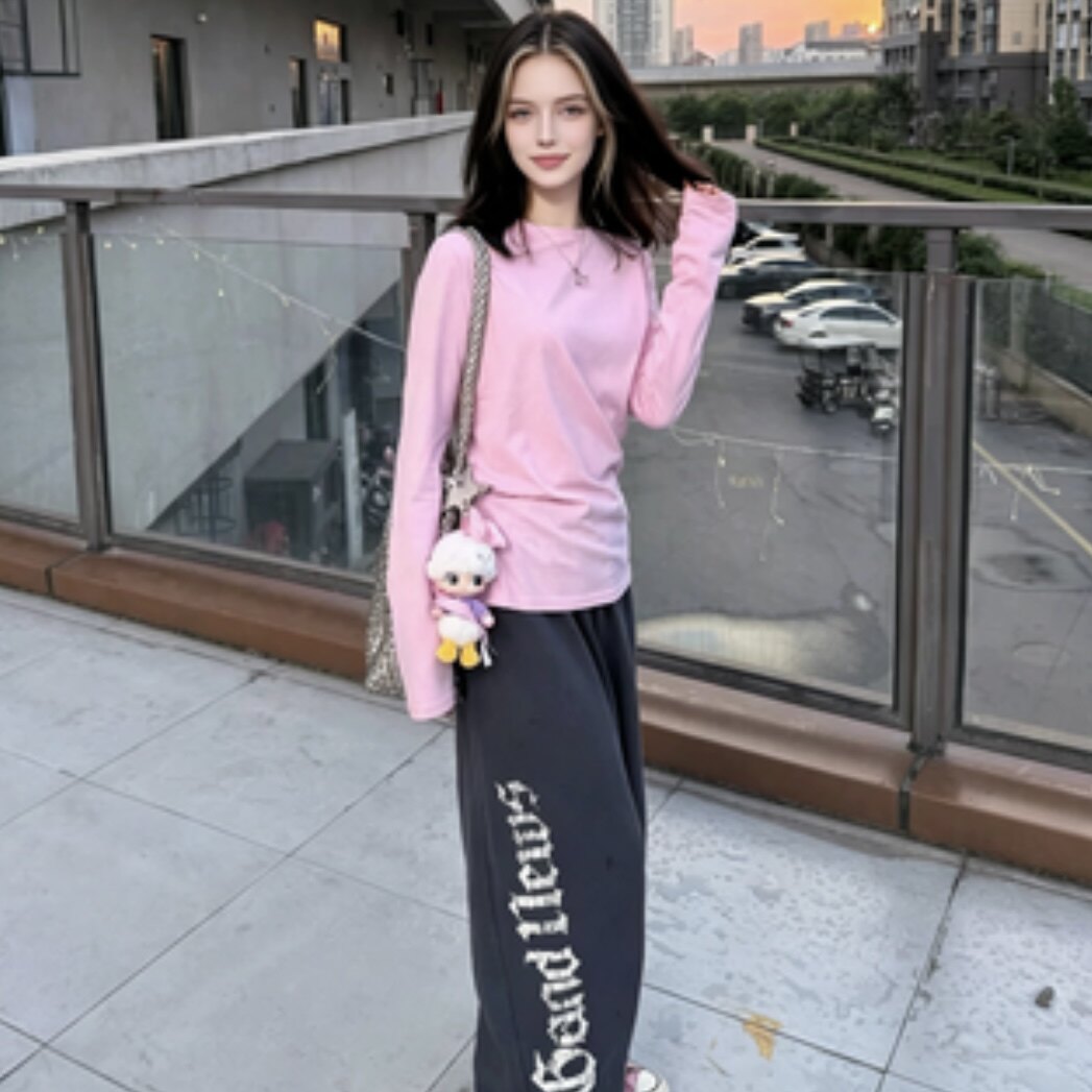 休闲裤印花宽松字母阔腿做旧女图片