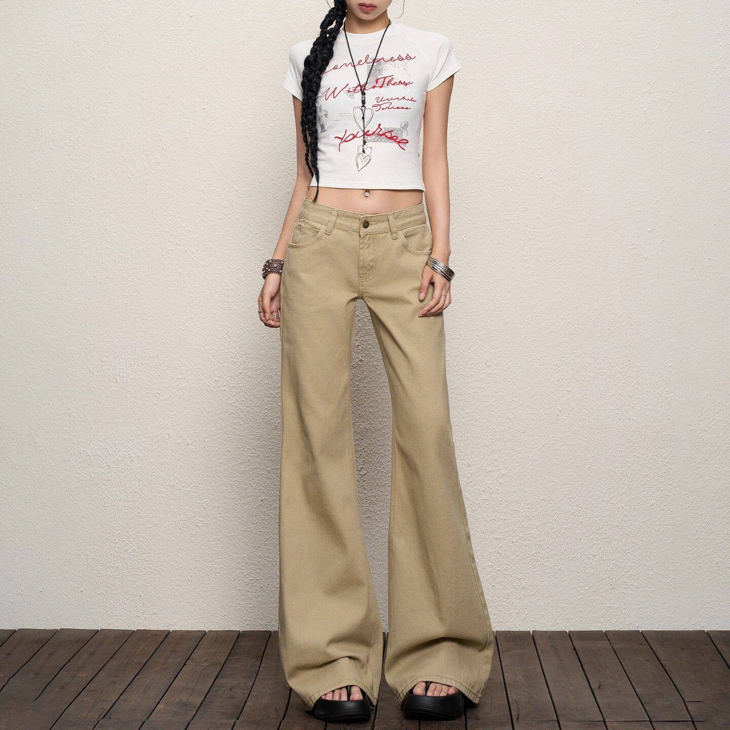 TGXQ美式牛仔裤女2026新款卡其色低腰辣妹复古宽松不贴腿微喇裤子