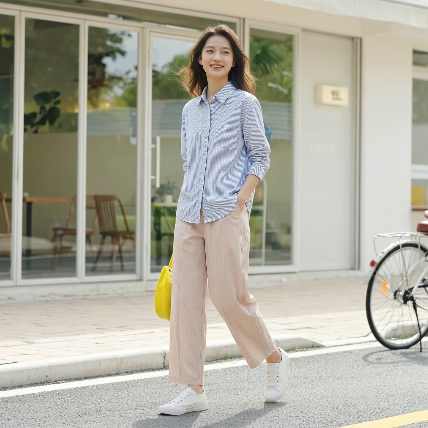 休闲简约牛津纺衬衫 秋季新款韩版宽松条纹打底衬衣女上衣