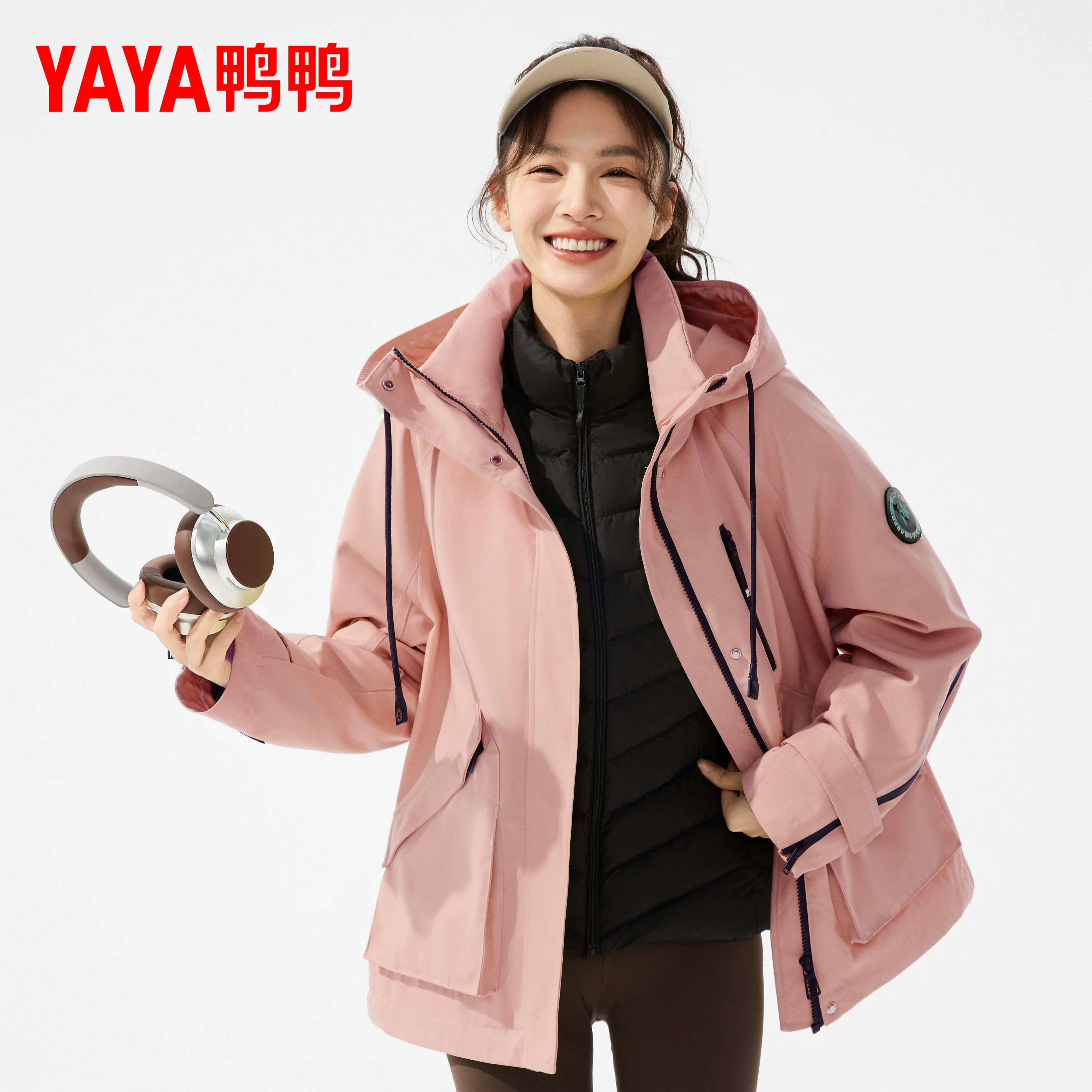 鸭鸭羽绒服女中长款2026新款连帽防风户外登山服风衣夹克粉色外套