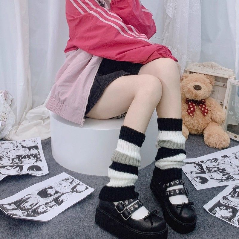 条纹袜套ins黑白小腿袜少女y2k千禧辣妹秋冬jk小腿堆堆袜保暖腿套