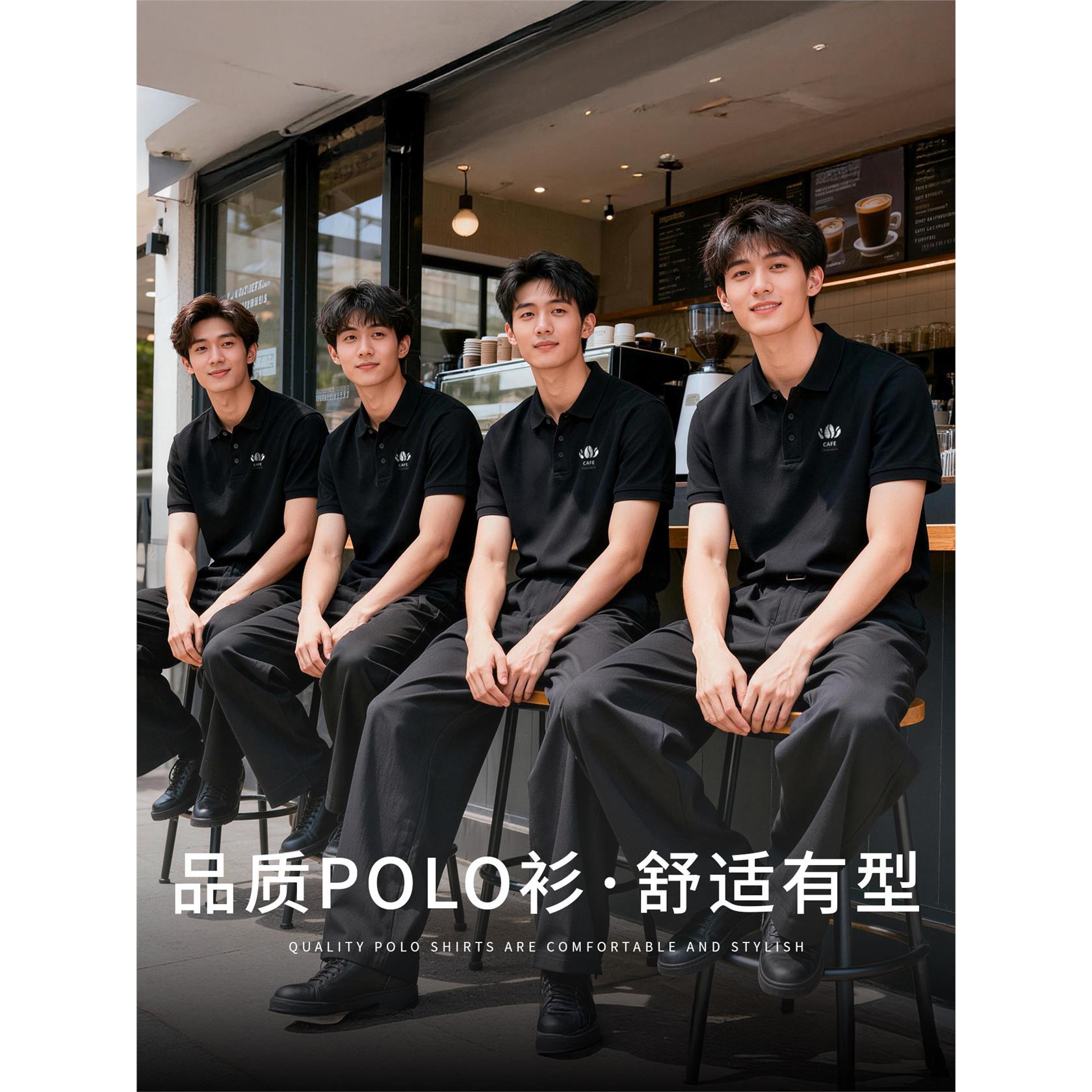 服务员工作服装polo衫定制t恤印logo夏季酒吧餐饮咖啡师黑色短袖