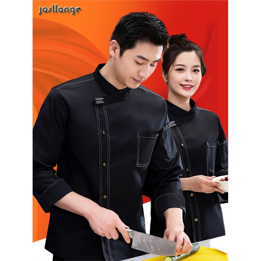 字母双线厨师工作服短袖男夏季餐饮西点烘焙服装大码长袖厨房衣服