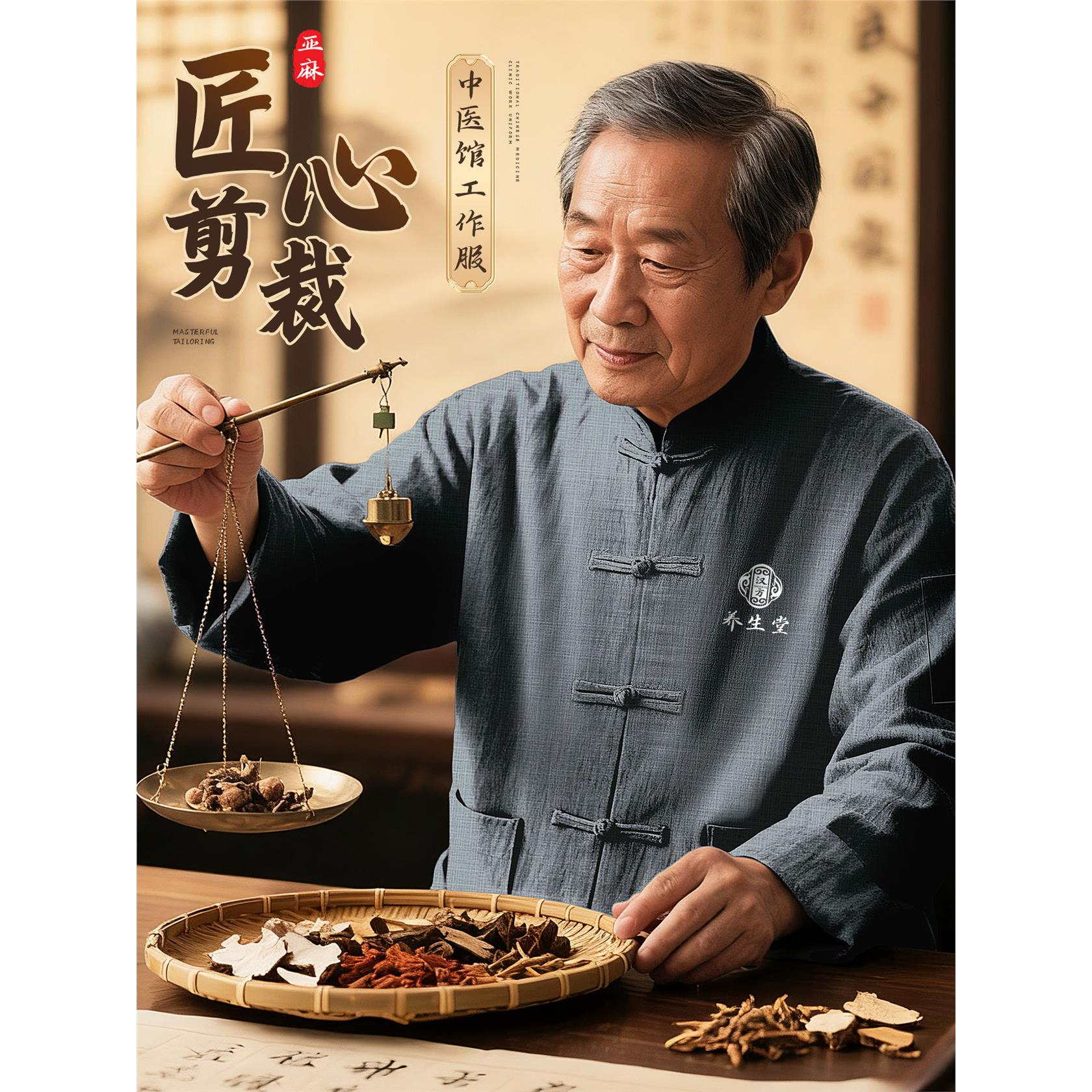 新中式上衣亚麻国风套装中医馆养生馆工作服长袖t恤女定制印logo