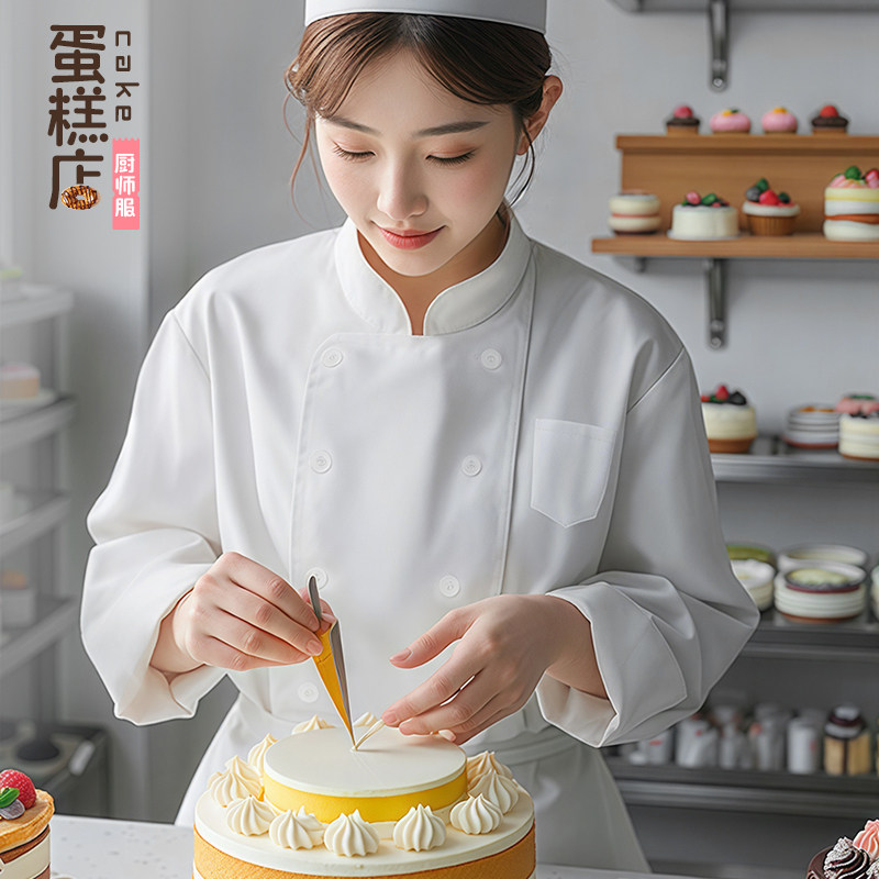 烘焙厨师工作服长袖秋冬款餐饮甜品蛋糕店裱花师厨房工衣套装女士