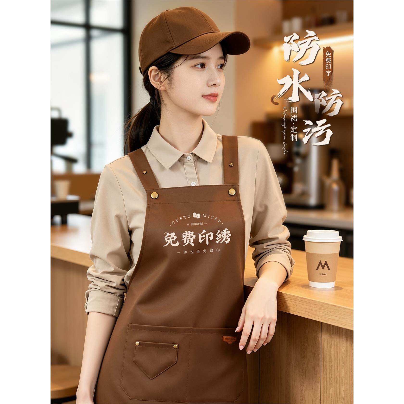 防水围裙logo印字餐饮专用奶茶咖啡店厨房服务员上班工作服围腰女