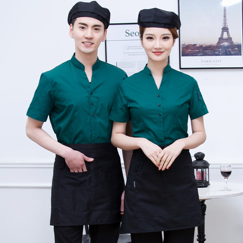 网红工作服餐饮衬衫V领女夏季咖啡店西餐厅服务员经理短袖定制男