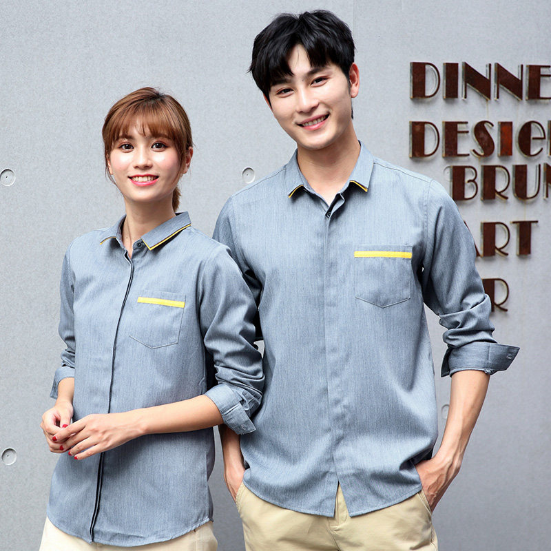 餐饮工作服长袖定制酒店西式餐厅奶茶店咖啡厅服务员工衣衬衫男女