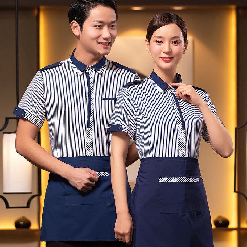 条纹短袖工作服 酒店西餐厅服务员服装 棉质薄款男女款工作装 餐